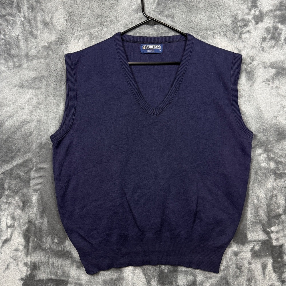 Puritan Sweater Vest Mens Large Navy Blue Excellent V-Neck Cotton Made in USA